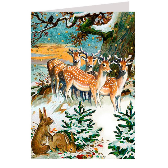 Glittered Deer and Bunnies Christmas Card ~ England
